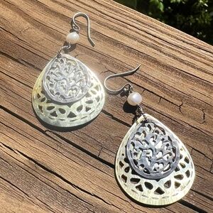 Vintage Silpada Carved Shell, Silver Filigree and Fresh Water Pearl Earrings